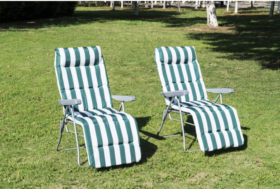 Sunny Tuinsstoel ligstoel x 2 opvouwbaar met 5 standen groen wit - Foto 2
