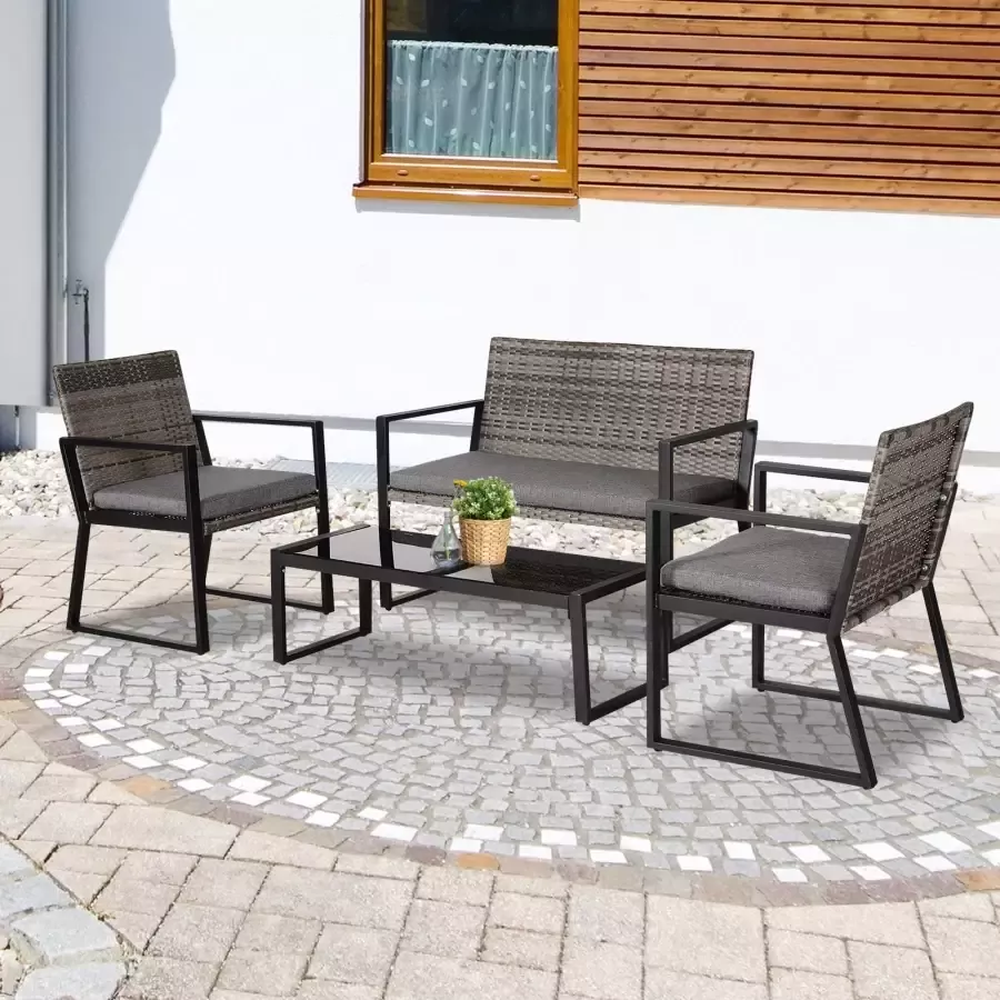 Sunny Vier-delige tuinmeubelset zitgroep zitkussen salontafel staalgrijs