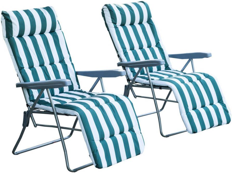 Sunny Tuinsstoel ligstoel x 2 opvouwbaar met 5 standen groen wit - Foto 4