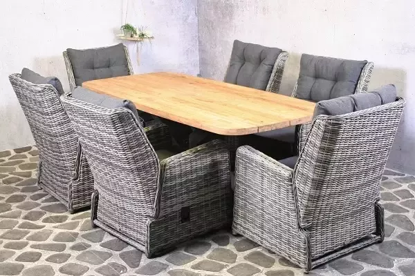 Van Kooten Tuin en Buitenleven Tuinset Laguna 6 verstelbare wicker stoelen met teakhouten tafel