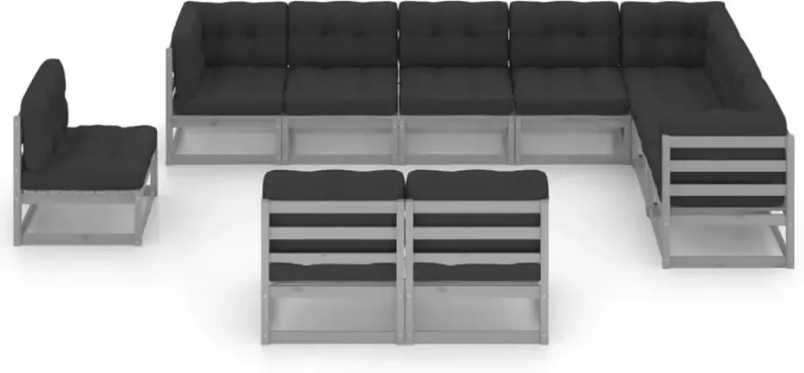 VIDAXL 10-delige Loungeset met kussens massief grenenhout grijs - Foto 3