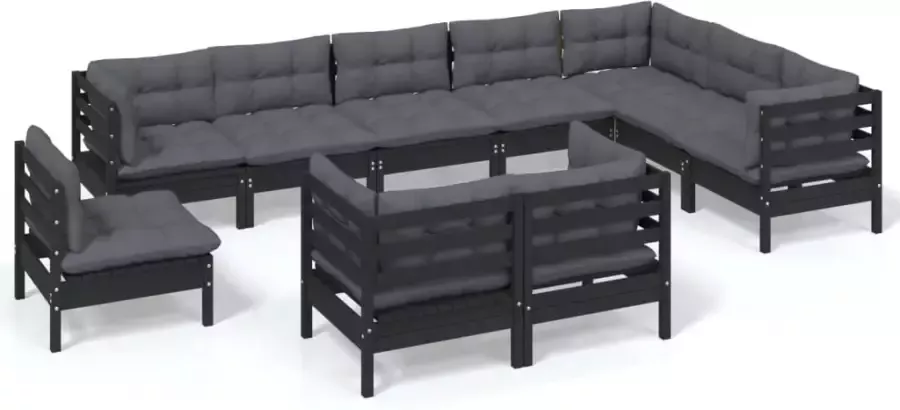 VIDAXL 10-delige Loungeset met kussens massief grenenhout zwart - Foto 2