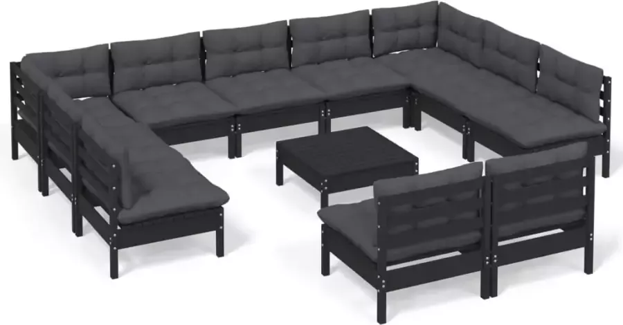 VIDAXL 12-delige Loungeset met kussens massief grenenhout zwart - Foto 2