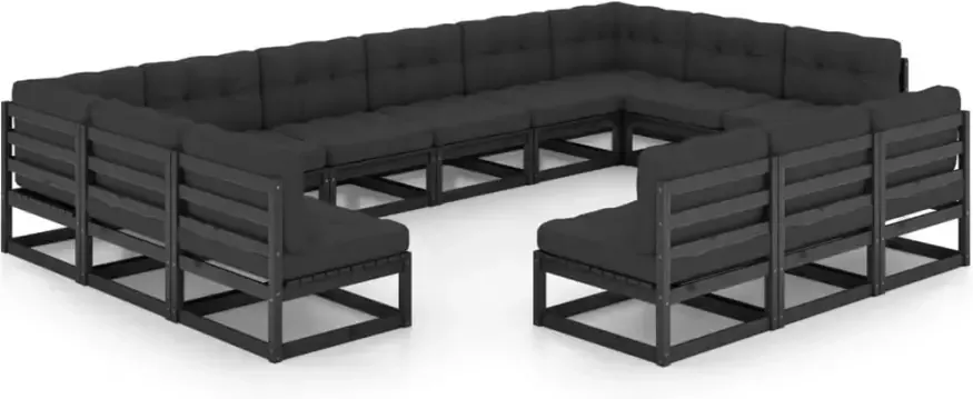 VIDAXL 13-delige Loungeset met kussens massief grenenhout zwart - Foto 3