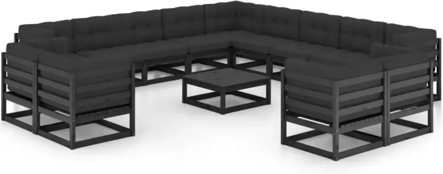 VIDAXL 14-delige Loungeset met kussens massief grenenhout zwart - Foto 3