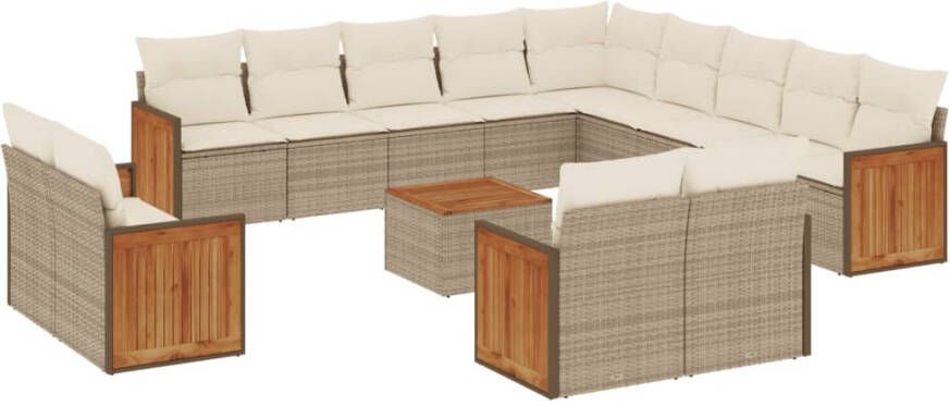 VIDAXL 14-delige Loungeset met kussens poly rattan beige - Foto 3