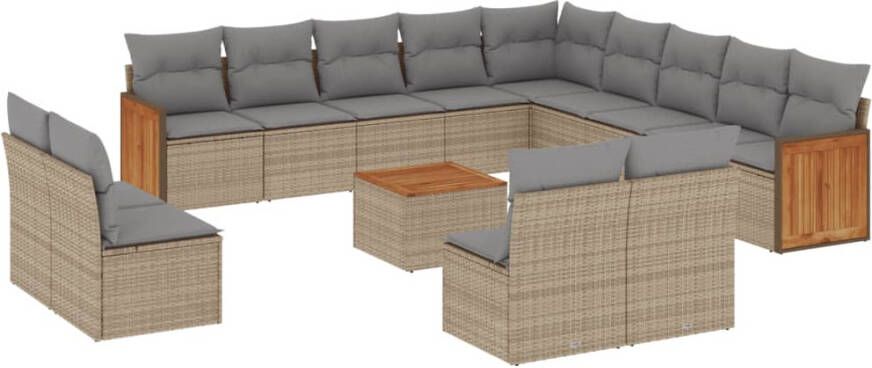 VIDAXL 14-delige Loungeset met kussens poly rattan beige - Foto 3