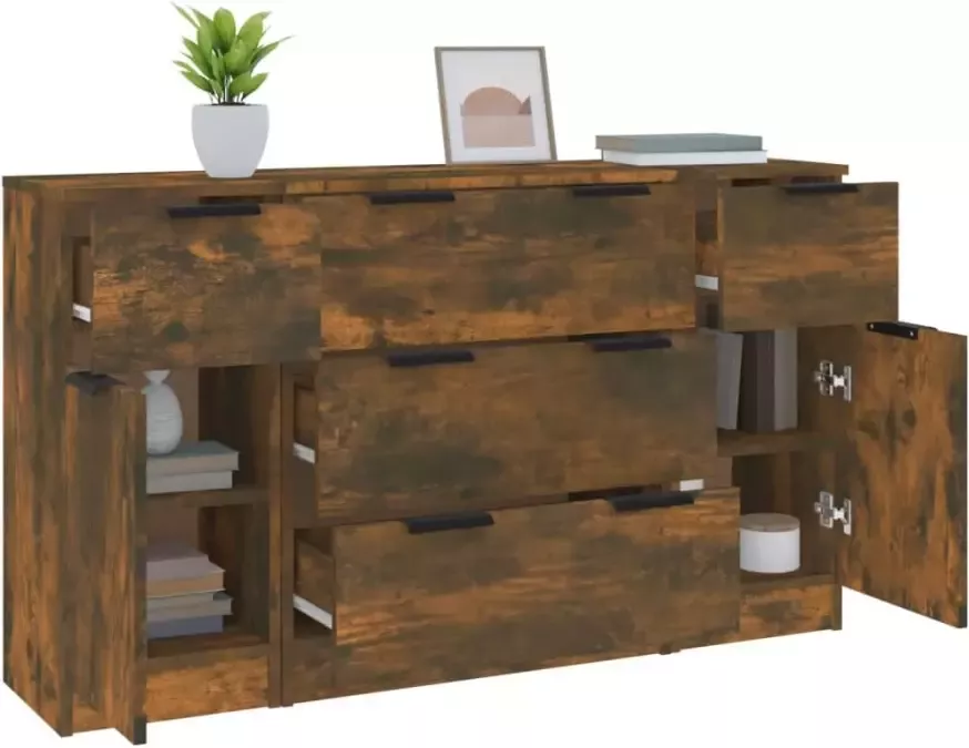 VidaXL -3-delige-Dressoirset-bewerkt-hout-gerookt-eiken - Foto 2