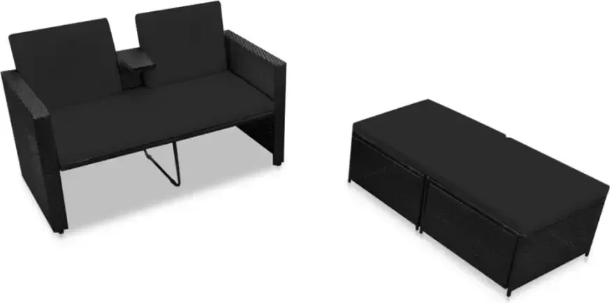 VIDAXL 3-delige Loungeset met kussens poly rattan zwart - Foto 2