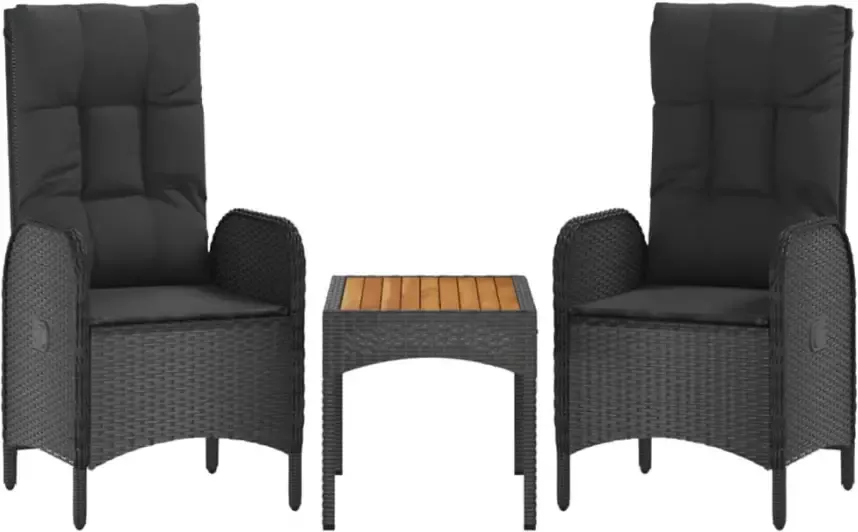 VIDAXL 3-delige Loungeset met kussens poly rattan zwart - Foto 3