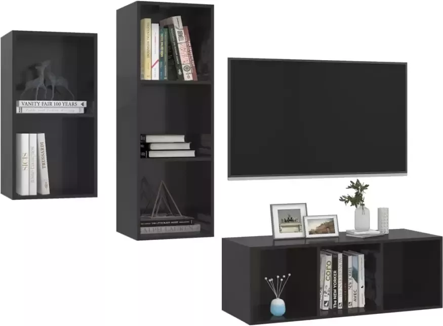 VidaXL -3-delige-Tv-meubelset-bewerkt-hout-hoogglans-zwart