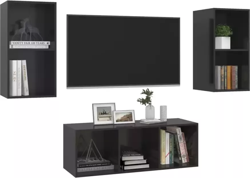 VidaXL -3-delige-Tv-meubelset-spaanplaat-hoogglans-zwart