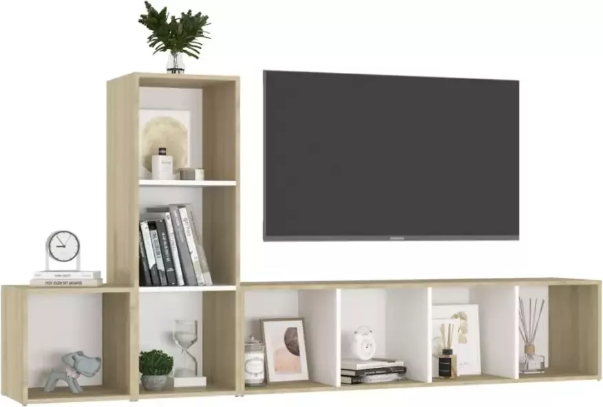 VIDAXL 3-delige Tv-meubelset spaanplaat wit en sonoma eikenkleurig