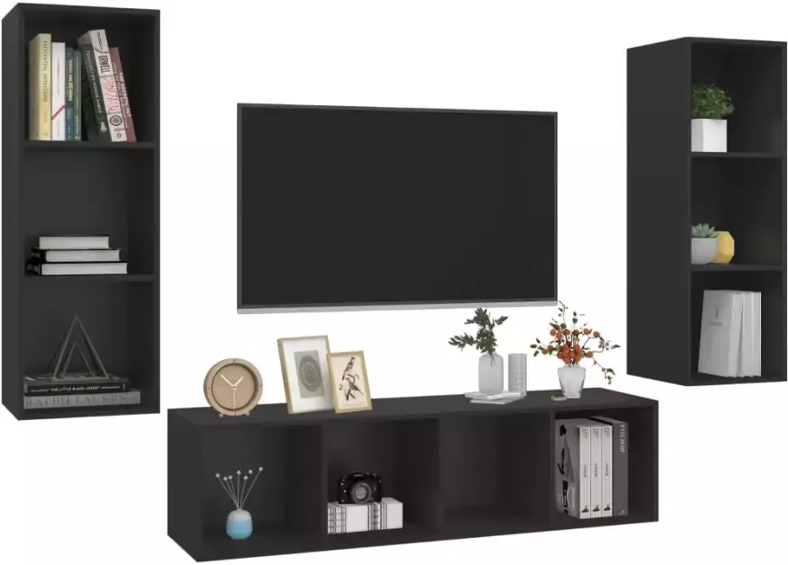 VIDAXL 3-delige Tv-meubelset spaanplaat zwart