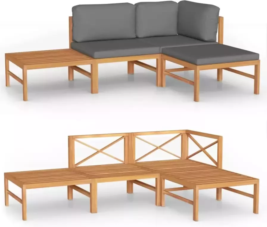 VidaXL 4-delige Loungeset met grijze kussens massief teakhout - Foto 3
