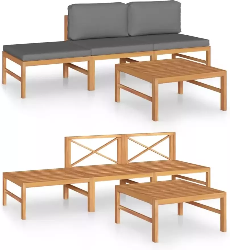 VIDAXL 4-delige Loungeset met grijze kussens massief teakhout - Foto 2