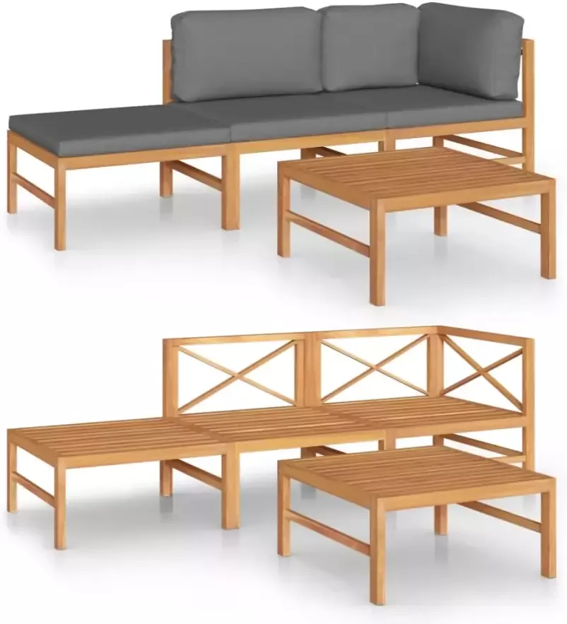 VIDAXL 4-delige Loungeset met grijze kussens massief teakhout - Foto 3