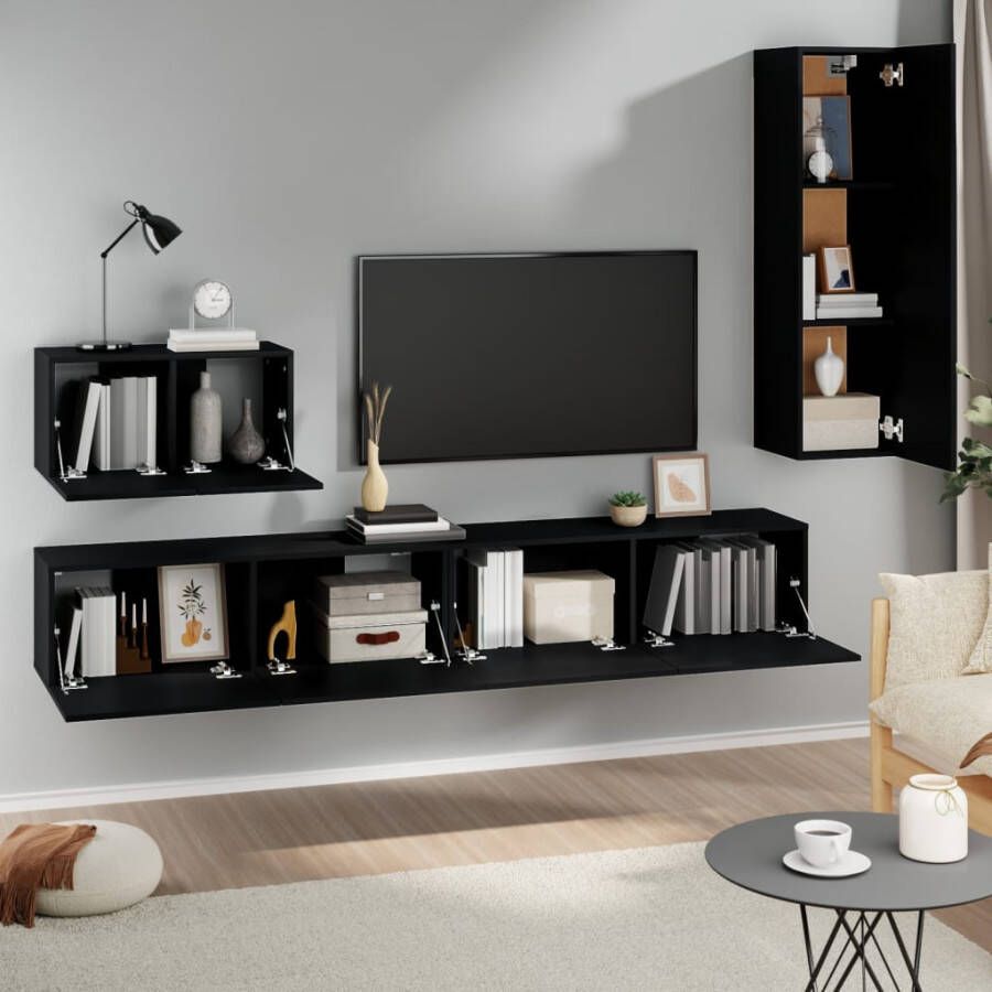 VidaXL -4-delige-Tv-meubelset-bewerkt-hout-zwart - Foto 1