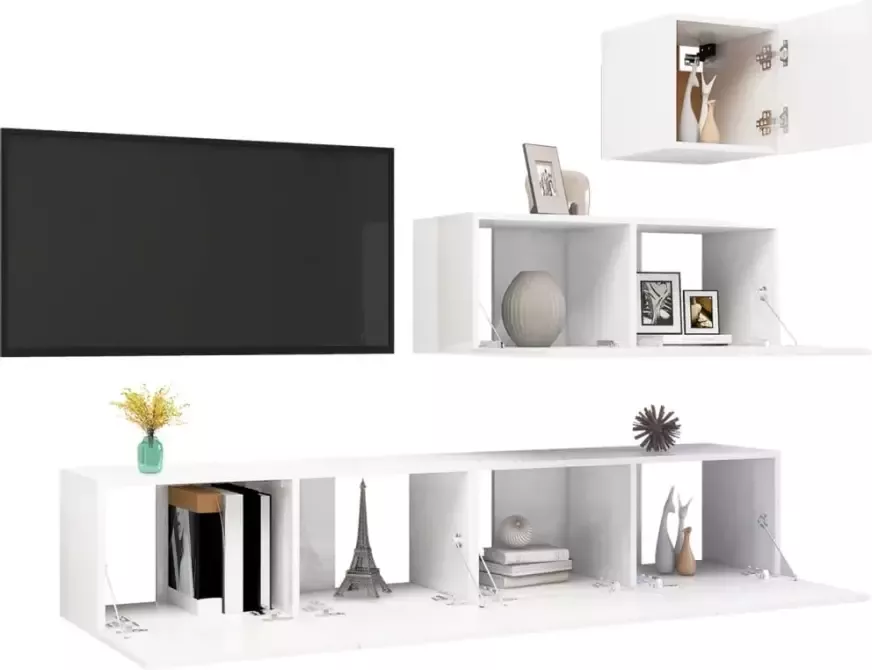 VidaXL -4-delige-Tv-meubelset-spaanplaat-hoogglans-wit - Foto 1