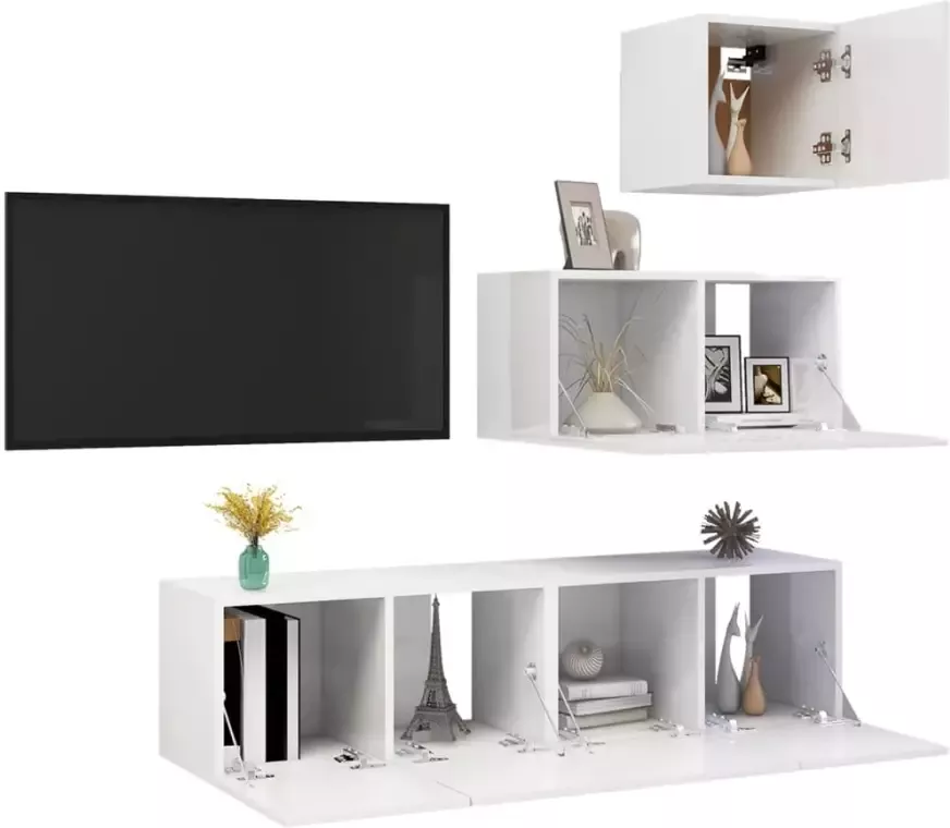 VidaXL -4-delige-Tv-meubelset-spaanplaat-hoogglans-wit - Foto 1