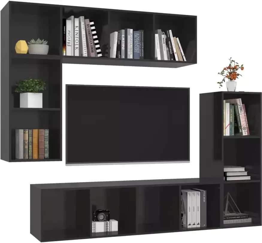 VidaXL -4-delige-Tv-meubelset-spaanplaat-hoogglans-zwart
