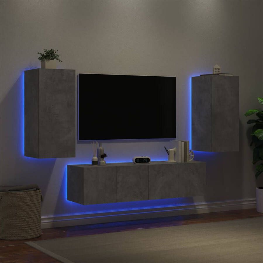 VidaXL -4-delige-Tv-wandmeubelset-met-LED-bewerkt-hout-betongrijs