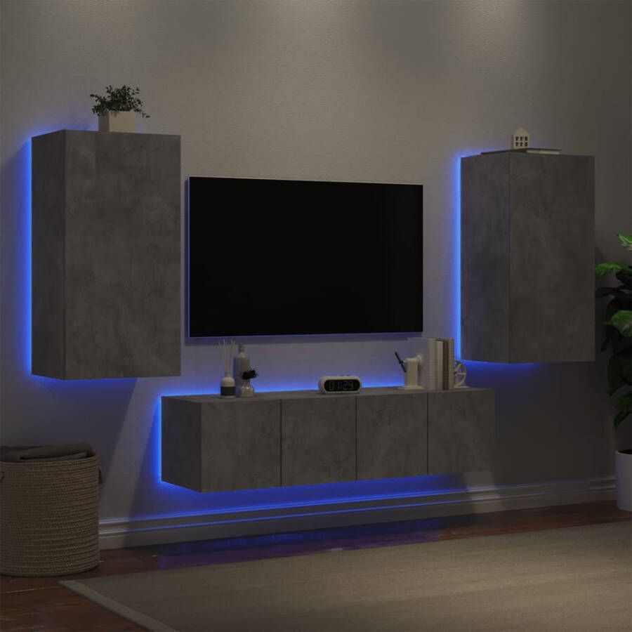 VidaXL -4-delige-Tv-wandmeubelset-met-LED-bewerkt-hout-betongrijs