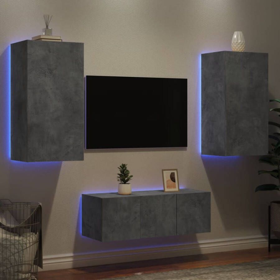 VidaXL -4-delige-Tv-wandmeubelset-met-LED-bewerkt-hout-betongrijs