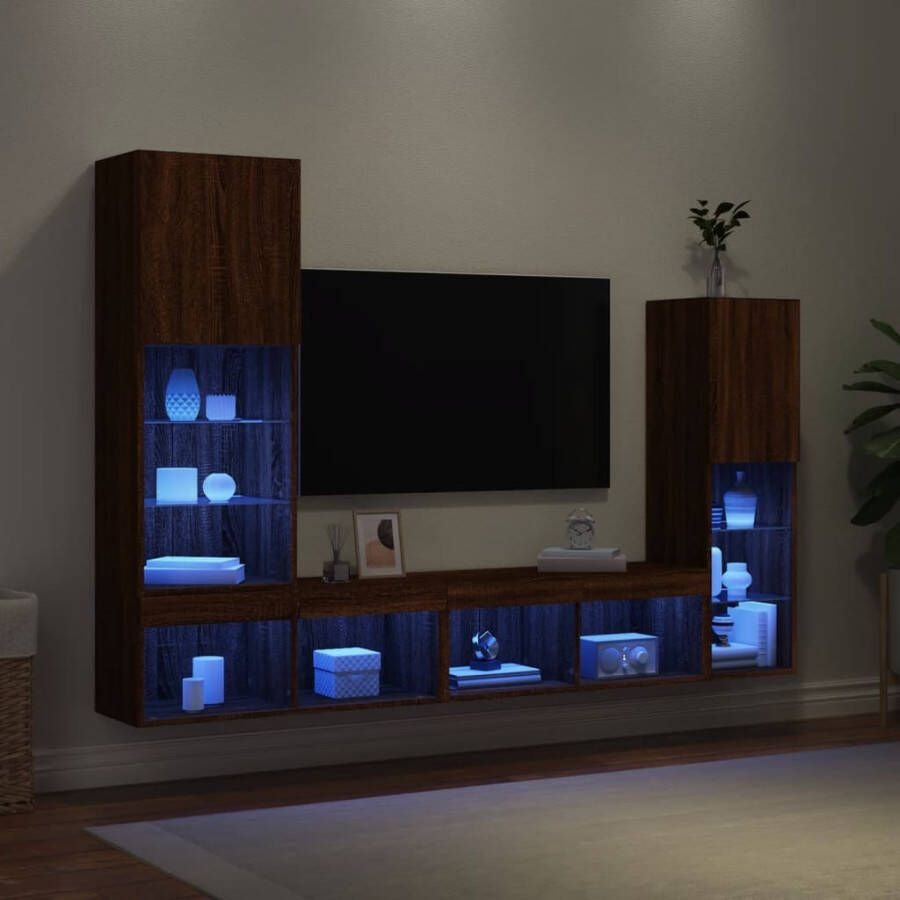 VidaXL -4-delige-Tv-wandmeubelset-met-LED-bewerkt-hout-bruineikenkleur