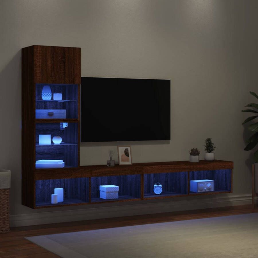 VidaXL -4-delige-Tv-wandmeubelset-met-LED-bewerkt-hout-bruineikenkleur