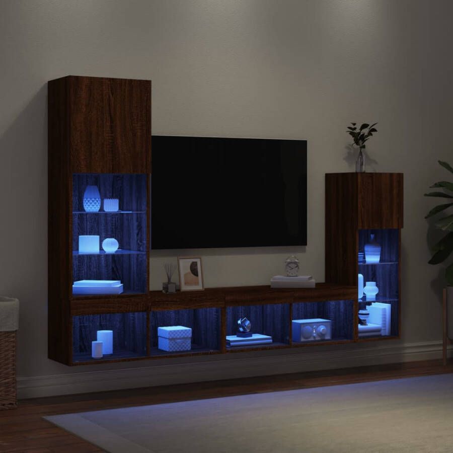 VidaXL -4-delige-Tv-wandmeubelset-met-LED-bewerkt-hout-bruineikenkleur