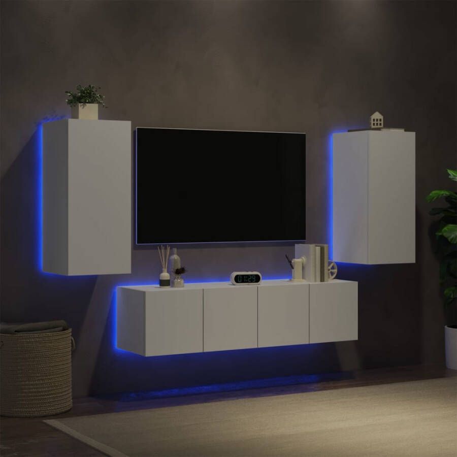 VidaXL -4-delige-Tv-wandmeubelset-met-LED-verlichting-bewerkt-hout-wit