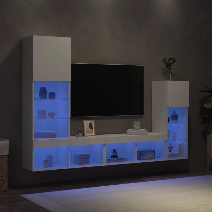 VidaXL -4-delige-Tv-wandmeubelset-met-LED-verlichting-bewerkt-hout-wit