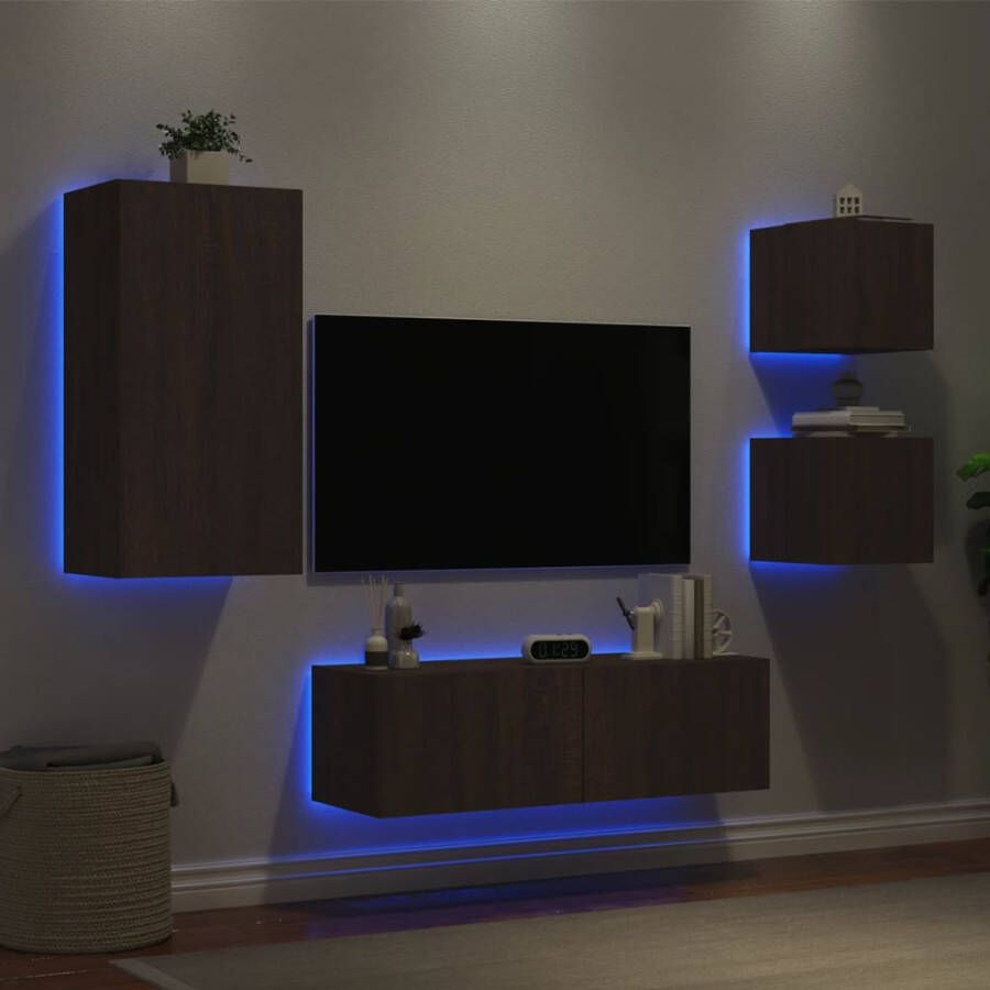 VidaXL -4-delige-tv-wandmeubelset-met-LED-verlichting-bruineikenkleurig