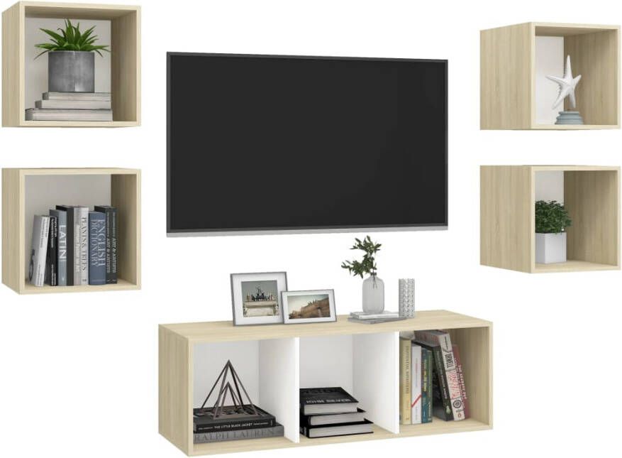 VidaXL 5-delige Tv-meubelset bewerkt hout wit en sonoma eikenkleurig - Foto 4