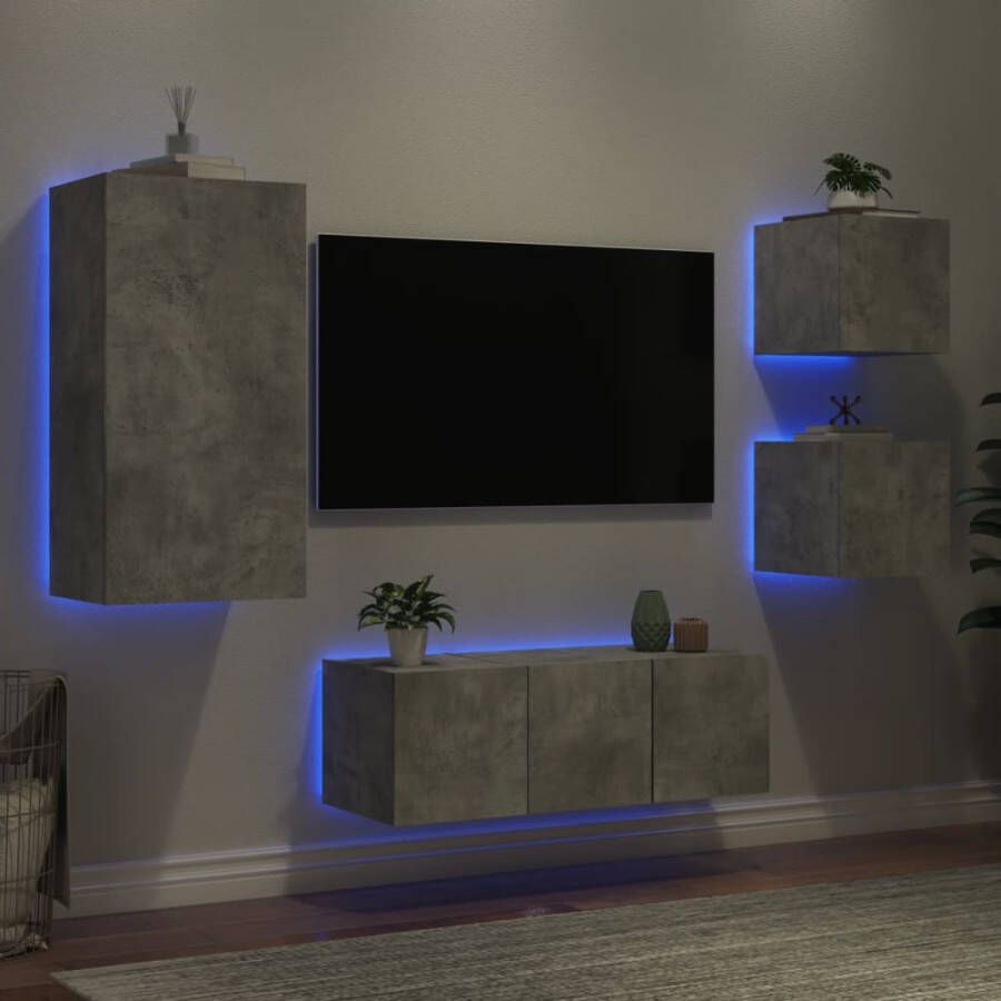 VidaXL -5-delige-Tv-wandmeubelset-met-LED-bewerkt-hout-betongrijs
