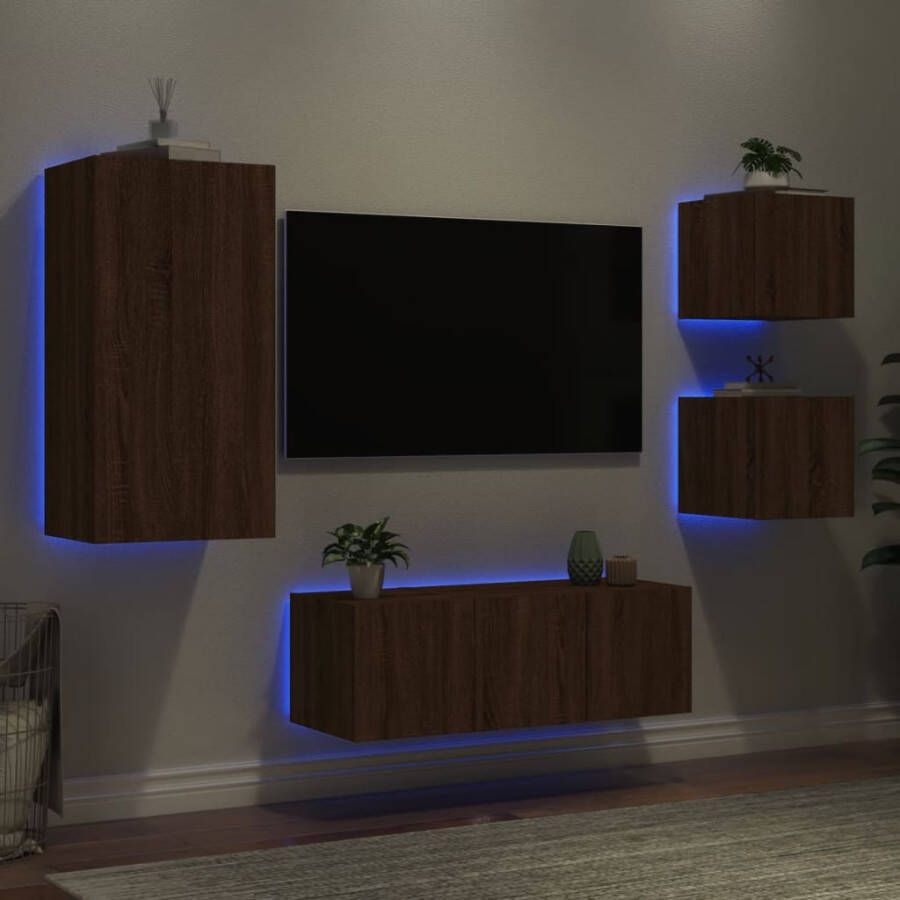 VidaXL -5-delige-Tv-wandmeubelset-met-LED-bewerkt-hout-bruineikenkleur