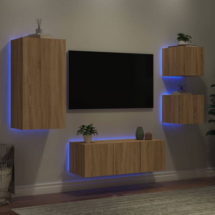 VidaXL -5-delige-Tv-wandmeubelset-met-LED-bewerkt-hout-sonoma-eiken