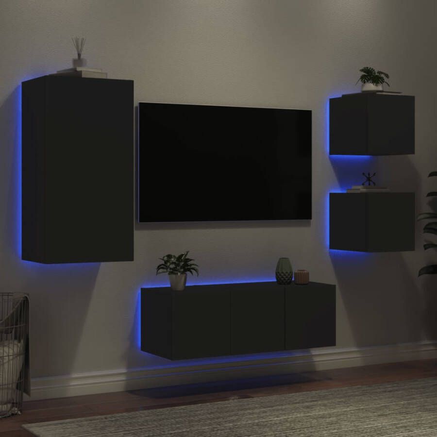 VidaXL -5-delige-Tv-wandmeubelset-met-LED-bewerkt-hout-zwart