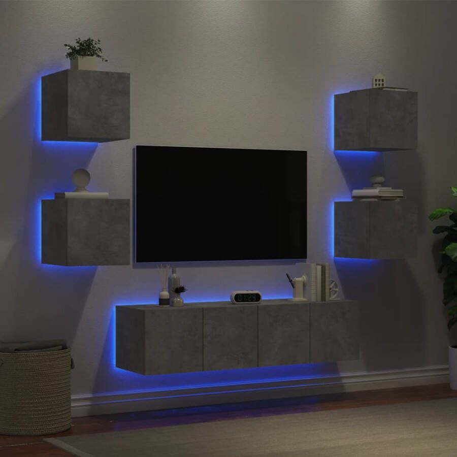VidaXL -6-delige-Tv-wandmeubelset-met-LED-bewerkt-hout-betongrijs
