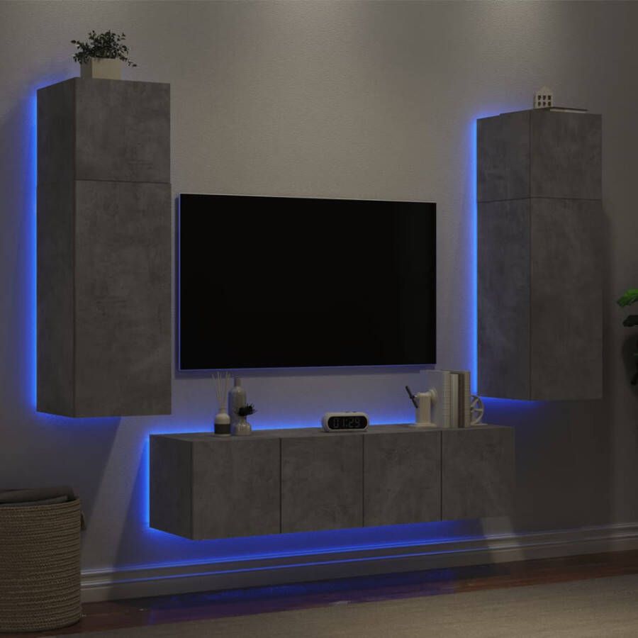 VidaXL -6-delige-Tv-wandmeubelset-met-LED-bewerkt-hout-betongrijs