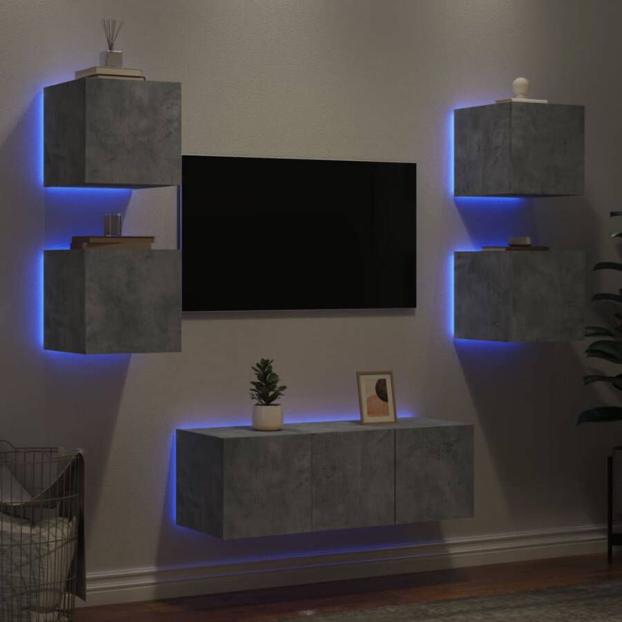 VidaXL -6-delige-Tv-wandmeubelset-met-LED-bewerkt-hout-betongrijs