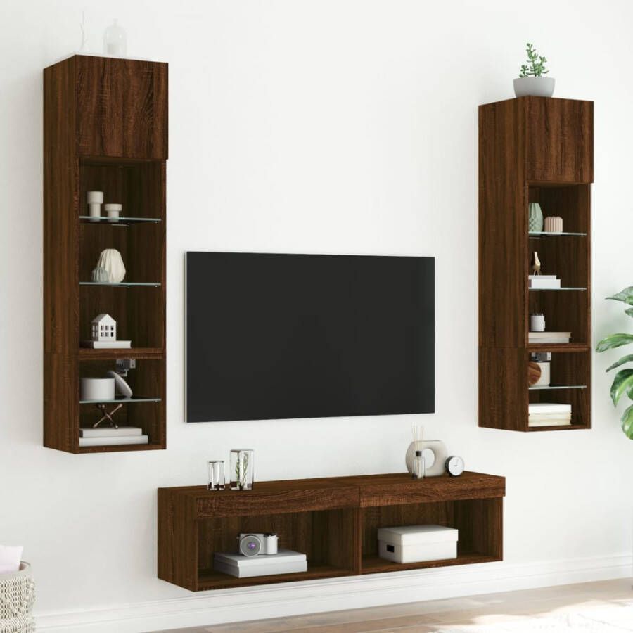 VidaXL -6-delige-Tv-wandmeubelset-met-LED-bewerkt-hout-bruineikenkleur