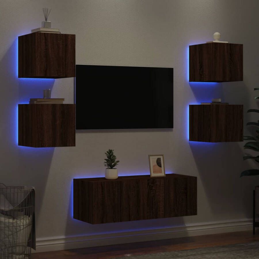 VidaXL -6-delige-Tv-wandmeubelset-met-LED-bewerkt-hout-bruineikenkleur
