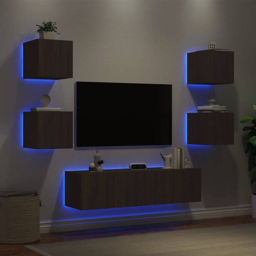 VidaXL -6-delige-Tv-wandmeubelset-met-LED-bewerkt-hout-bruineikenkleur