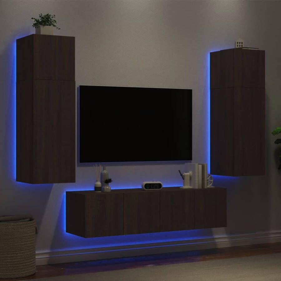 VidaXL -6-delige-Tv-wandmeubelset-met-LED-bewerkt-hout-bruineikenkleur