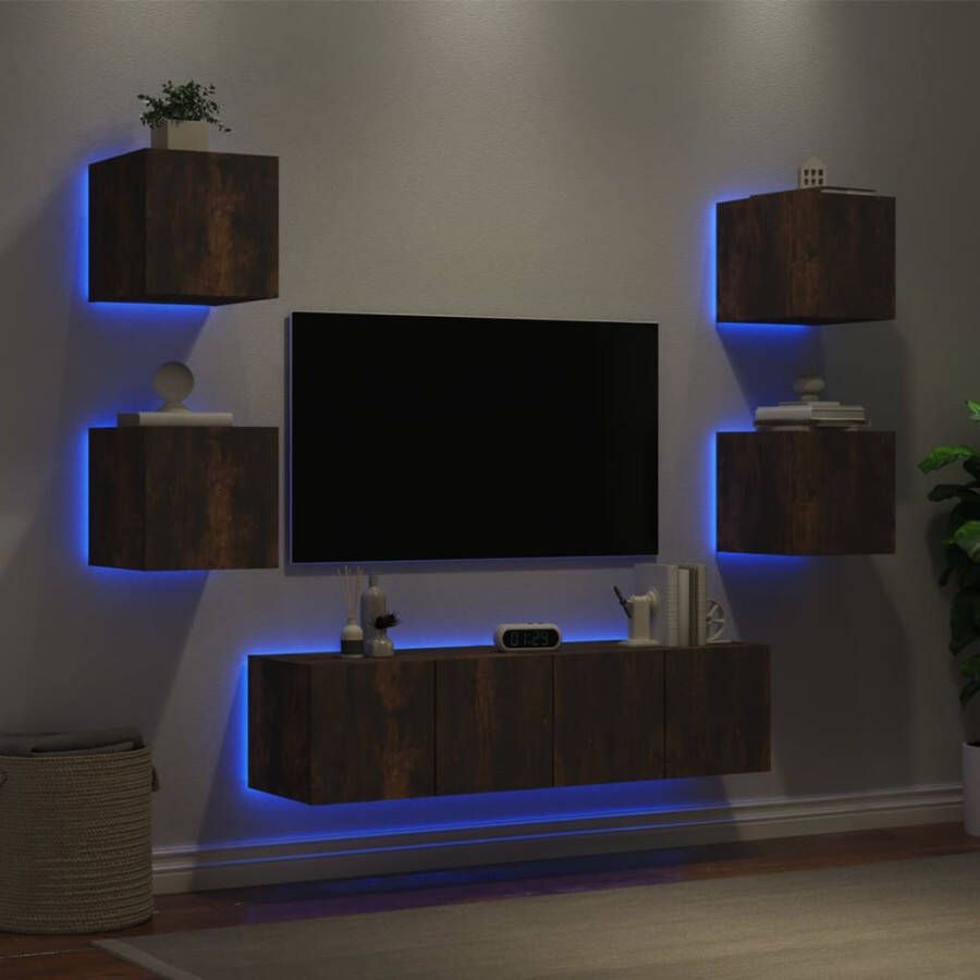 VidaXL -6-delige-tv-wandmeubelset-met-LED-bewerkt-hout-gerookt-eiken