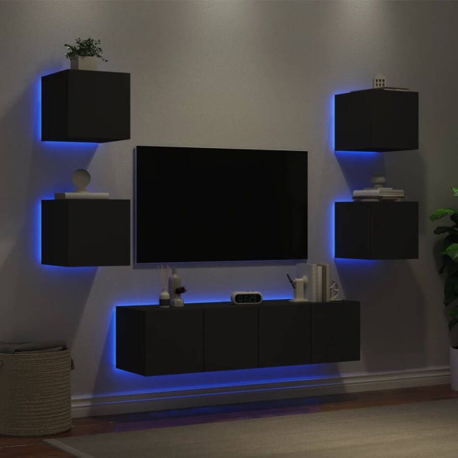 VidaXL -6-delige-Tv-wandmeubelset-met-LED-bewerkt-hout-zwart