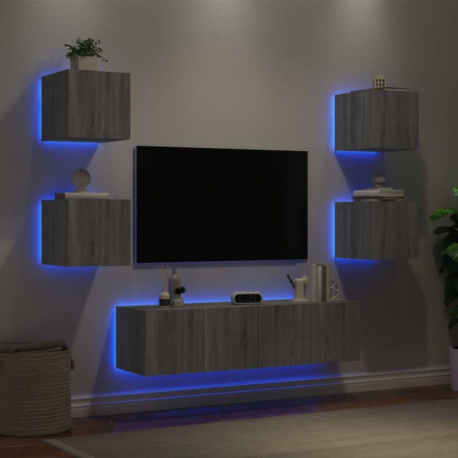 VidaXL -6-delige-Tv-wandmeubelset-met-LED-grijs-sonoma-eikenkleurig