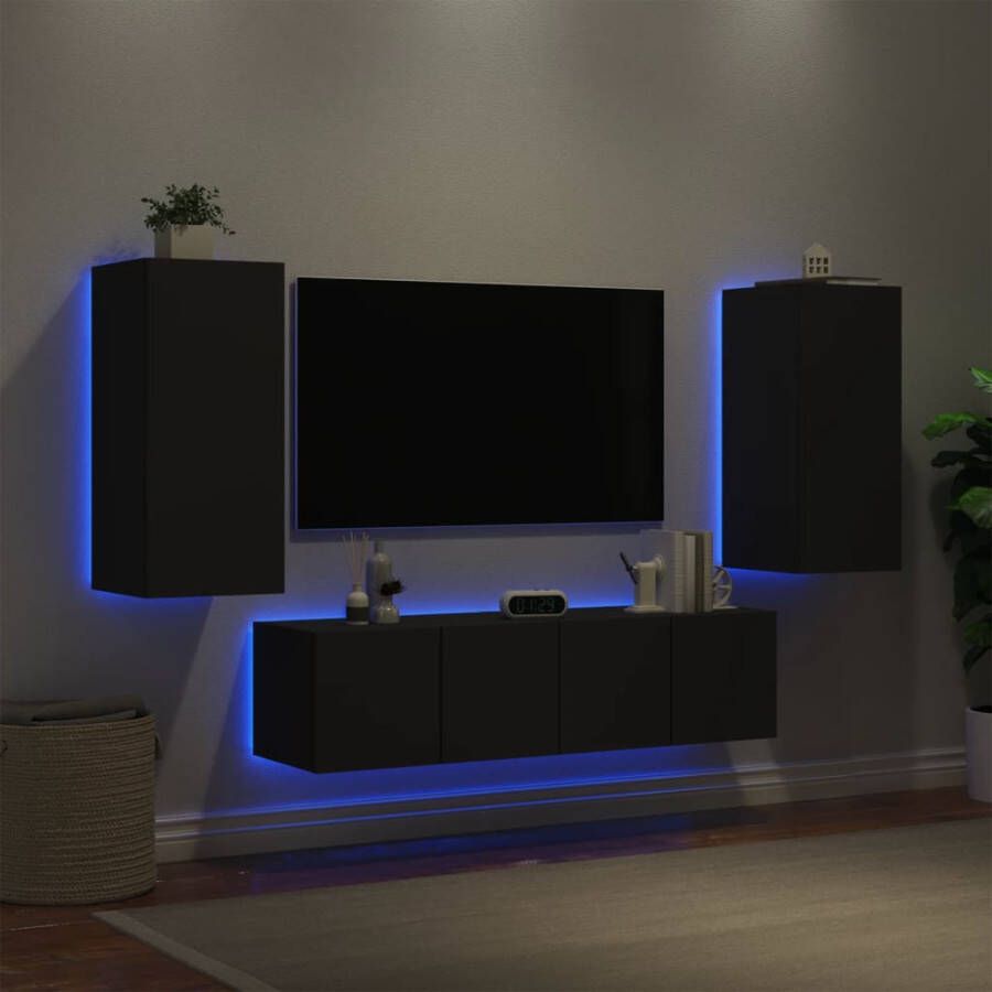 VidaXL -7-delige-tv-wandmeubelset-met-LED-bewerkt-hout-zwart
